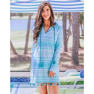 Cabana Life Turquoise Print Hooded Swim Coverup Dress Tassels UPF 50 Small NWOT